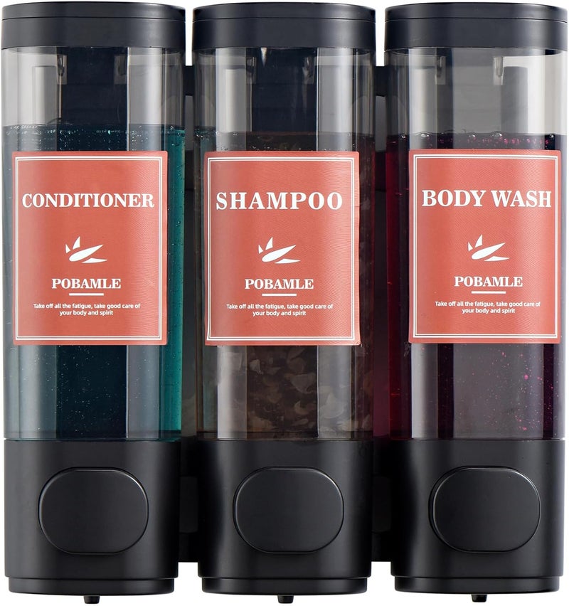 POBAMLE Shampoo and Conditioner Dispenser Wall Mounted Shower Soap Dispenser No Drill Shampoo Dispenser for Shower 3 Chamber Bathroom Body Wash Shower Gel Holder Black - Image 2